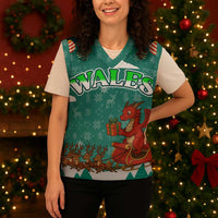 Wales Christmas Knitted V-Neck Vest with Red Dragon Santa Sleigh and Festive Green Snowflake - Wonder Print Shop