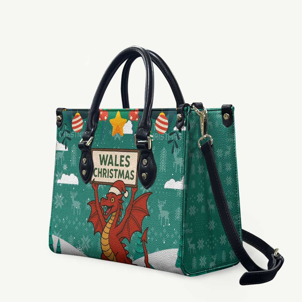 Wales Christmas Leather Bag with Red Dragon Santa Sleigh and Festive Green Snowflake - Wonder Print Shop
