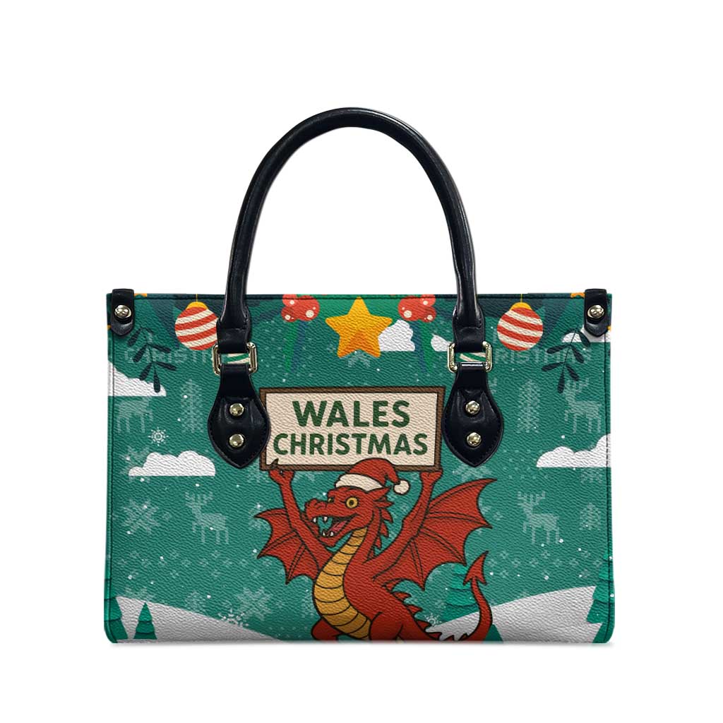 Wales Christmas Leather Bag with Red Dragon Santa Sleigh and Festive Green Snowflake - Wonder Print Shop