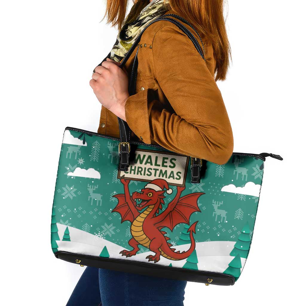 Wales Christmas Leather Tote Bag with Red Dragon Santa Sleigh and Festive Green Snowflake - Wonder Print Shop