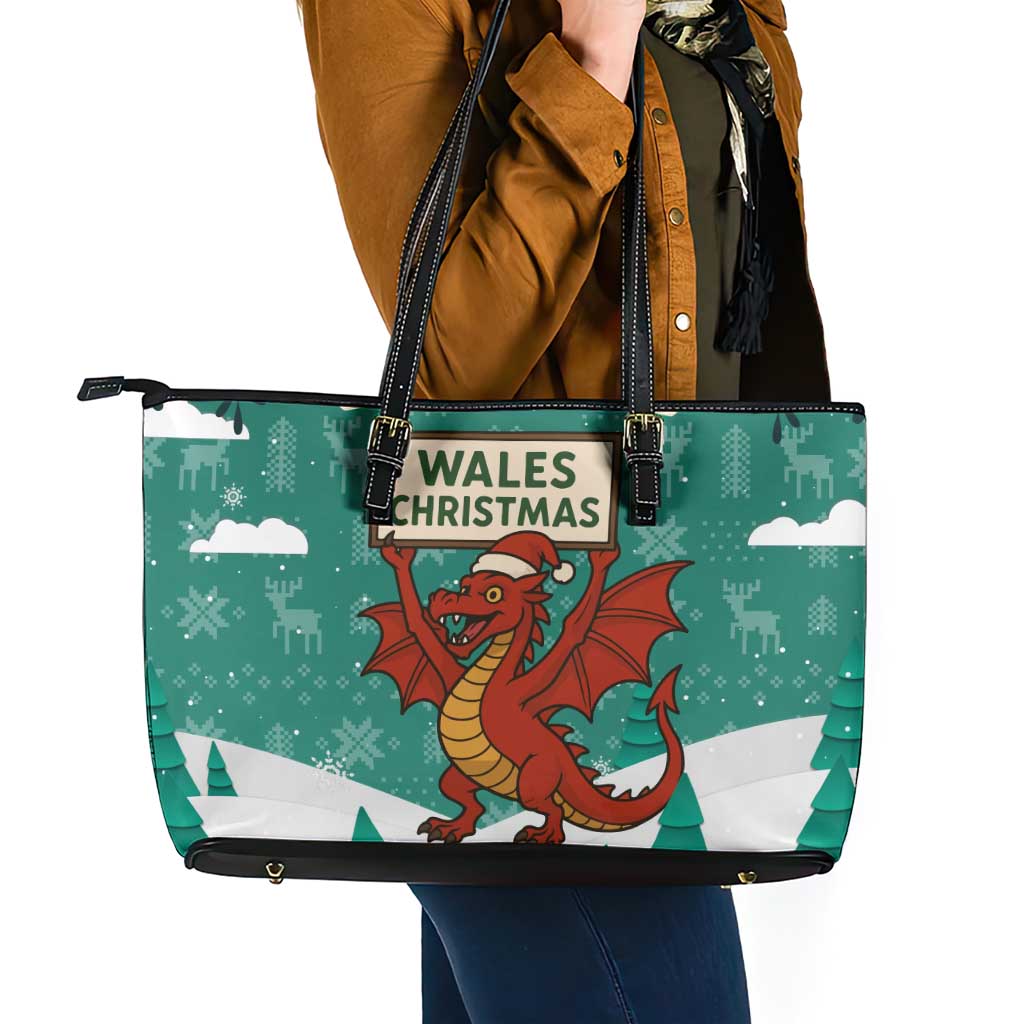 Wales Christmas Leather Tote Bag with Red Dragon Santa Sleigh and Festive Green Snowflake - Wonder Print Shop