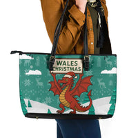 Wales Christmas Leather Tote Bag with Red Dragon Santa Sleigh and Festive Green Snowflake - Wonder Print Shop