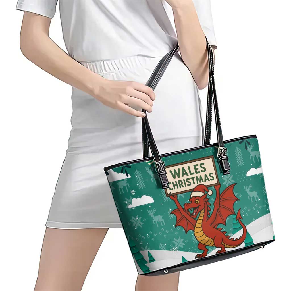Wales Christmas Leather Tote Bag with Red Dragon Santa Sleigh and Festive Green Snowflake - Wonder Print Shop