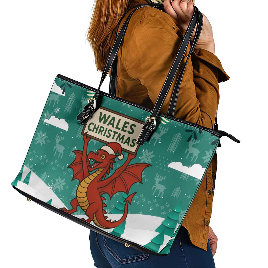 Wales Christmas Leather Tote Bag with Red Dragon Santa Sleigh and Festive Green Snowflake - Wonder Print Shop
