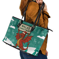 Wales Christmas Leather Tote Bag with Red Dragon Santa Sleigh and Festive Green Snowflake - Wonder Print Shop
