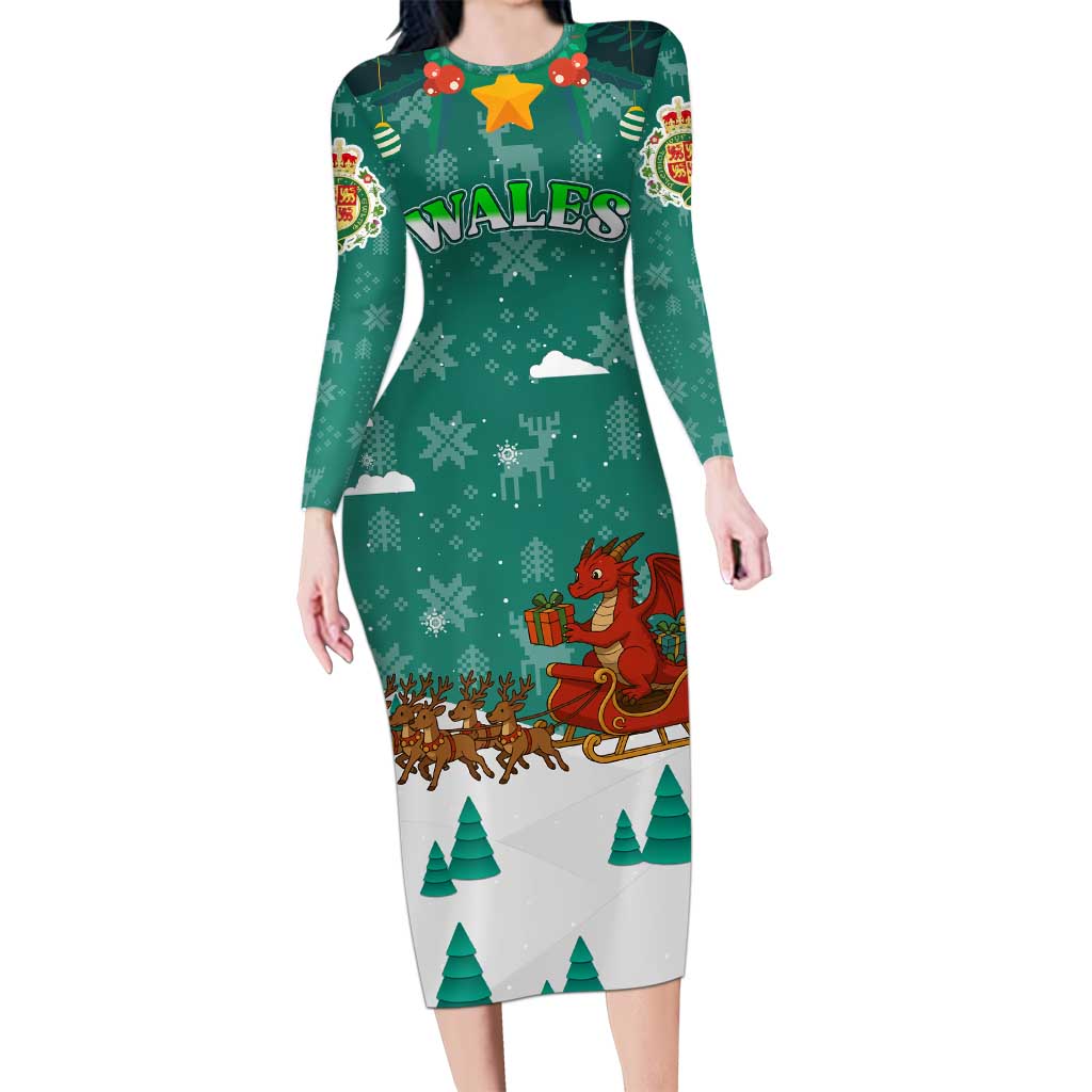 Wales Christmas Long Sleeve Bodycon Dress with Red Dragon Santa Sleigh and Festive Green Snowflake - Wonder Print Shop