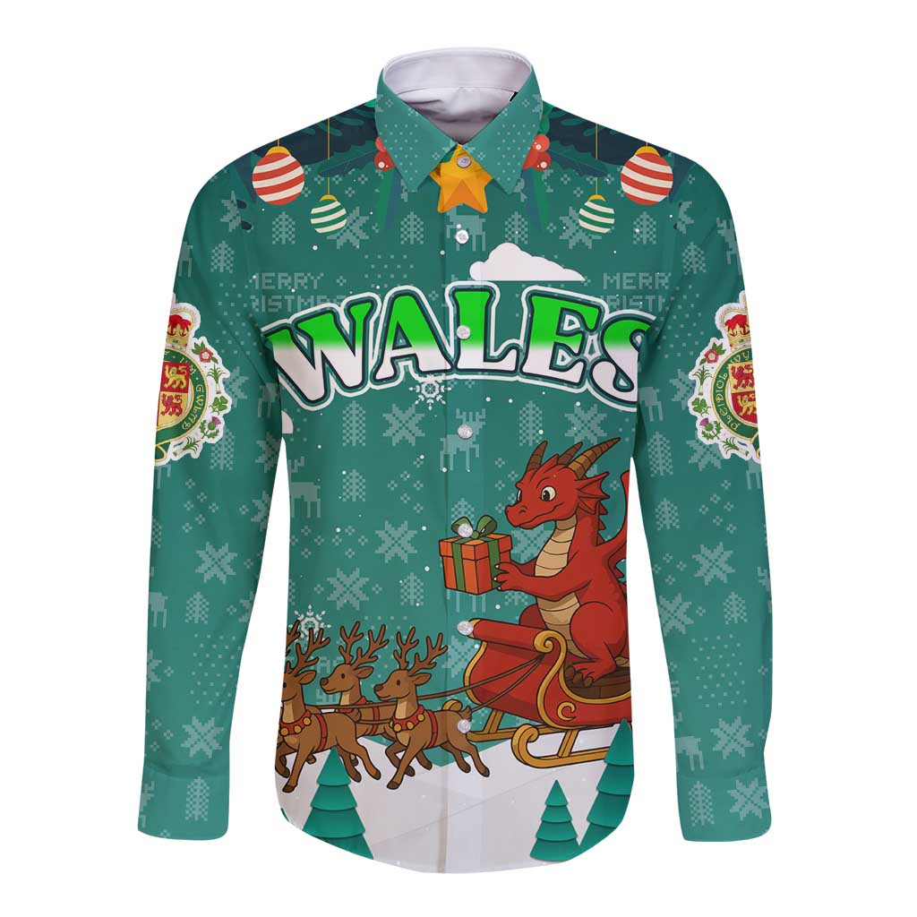 Wales Christmas Long Sleeve Button Shirt with Red Dragon Santa Sleigh and Festive Green Snowflake - Wonder Print Shop