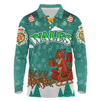Wales Christmas Long Sleeve Polo Shirt with Red Dragon Santa Sleigh and Festive Green Snowflake - Wonder Print Shop