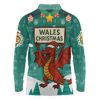 Wales Christmas Long Sleeve Polo Shirt with Red Dragon Santa Sleigh and Festive Green Snowflake - Wonder Print Shop
