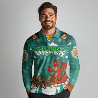 Wales Christmas Long Sleeve Polo Shirt with Red Dragon Santa Sleigh and Festive Green Snowflake - Wonder Print Shop