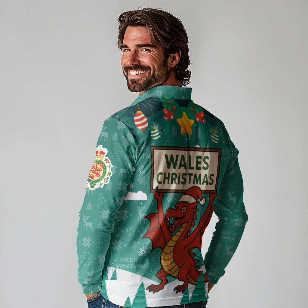Wales Christmas Long Sleeve Polo Shirt with Red Dragon Santa Sleigh and Festive Green Snowflake - Wonder Print Shop