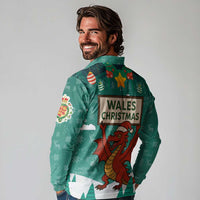 Wales Christmas Long Sleeve Polo Shirt with Red Dragon Santa Sleigh and Festive Green Snowflake - Wonder Print Shop