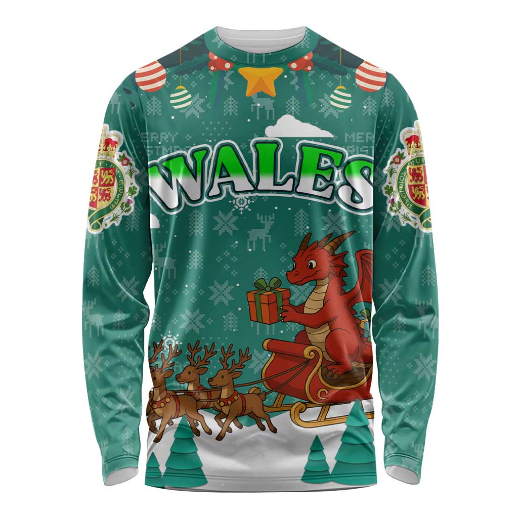 Wales Christmas Long Sleeve Shirt with Red Dragon Santa Sleigh and Festive Green Snowflake - Wonder Print Shop