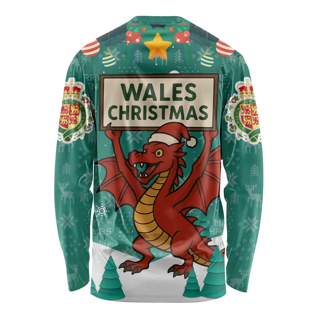 Wales Christmas Long Sleeve Shirt with Red Dragon Santa Sleigh and Festive Green Snowflake - Wonder Print Shop