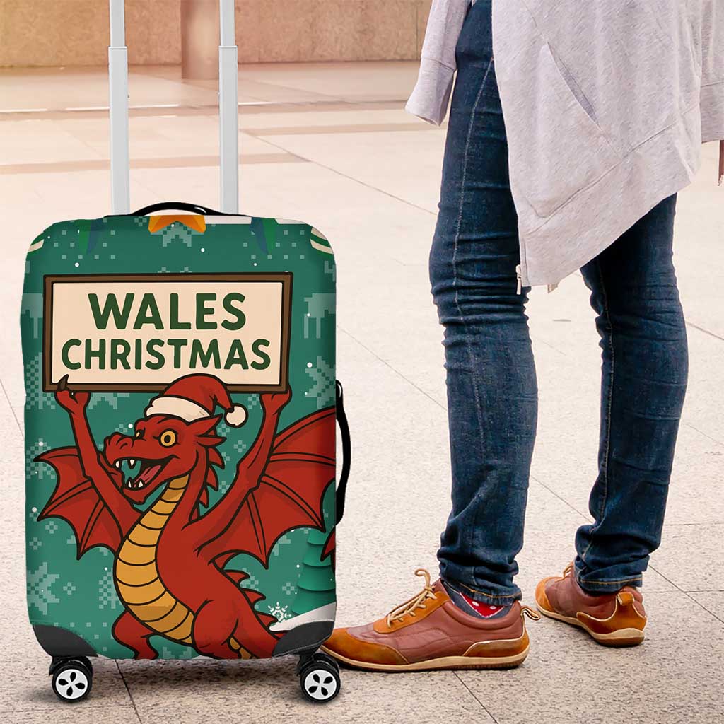 Wales Christmas Luggage Cover with Red Dragon Santa Sleigh and Festive Green Snowflake - Wonder Print Shop