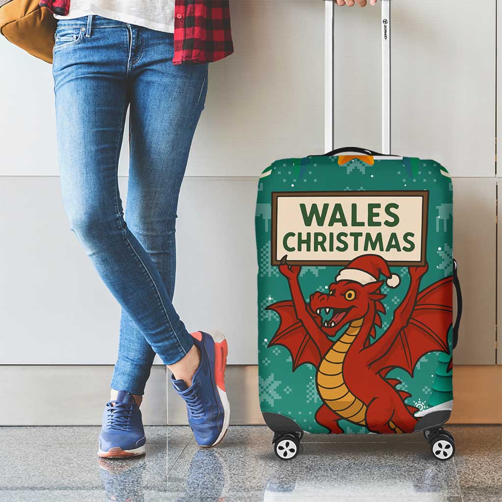Wales Christmas Luggage Cover with Red Dragon Santa Sleigh and Festive Green Snowflake - Wonder Print Shop