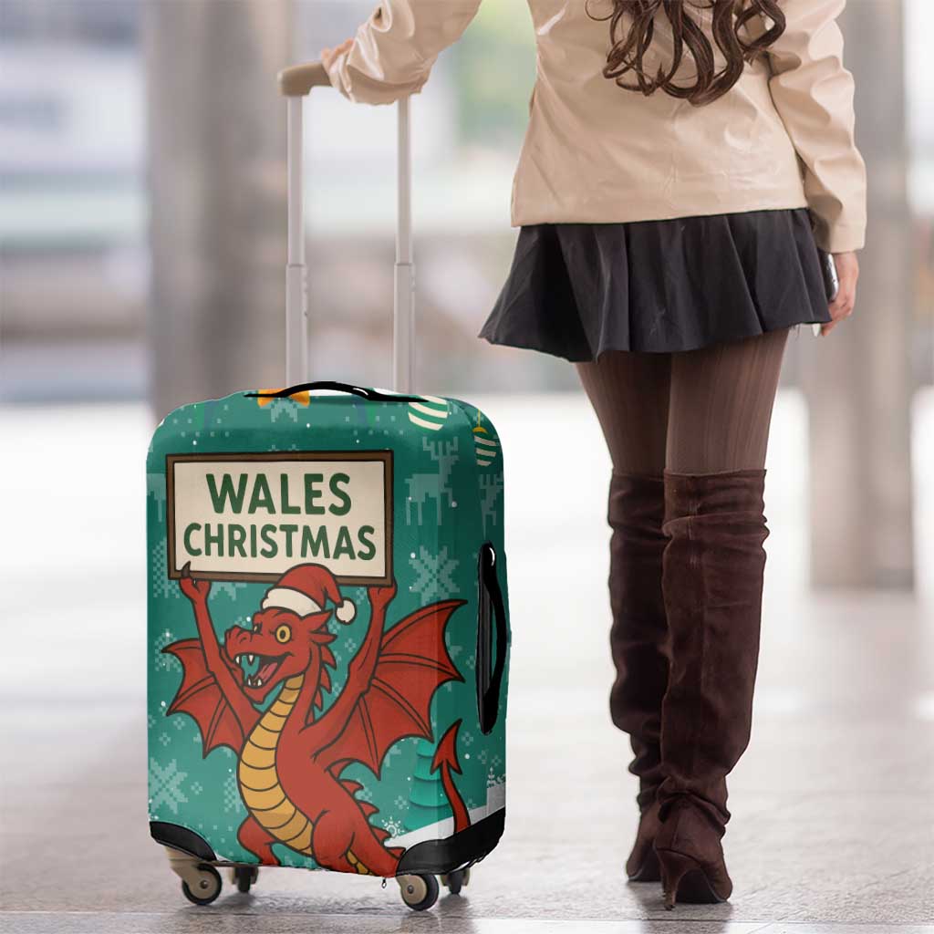 Wales Christmas Luggage Cover with Red Dragon Santa Sleigh and Festive Green Snowflake - Wonder Print Shop