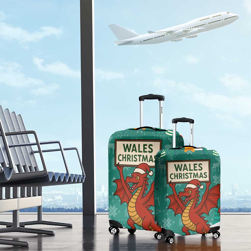 Wales Christmas Luggage Cover with Red Dragon Santa Sleigh and Festive Green Snowflake - Wonder Print Shop