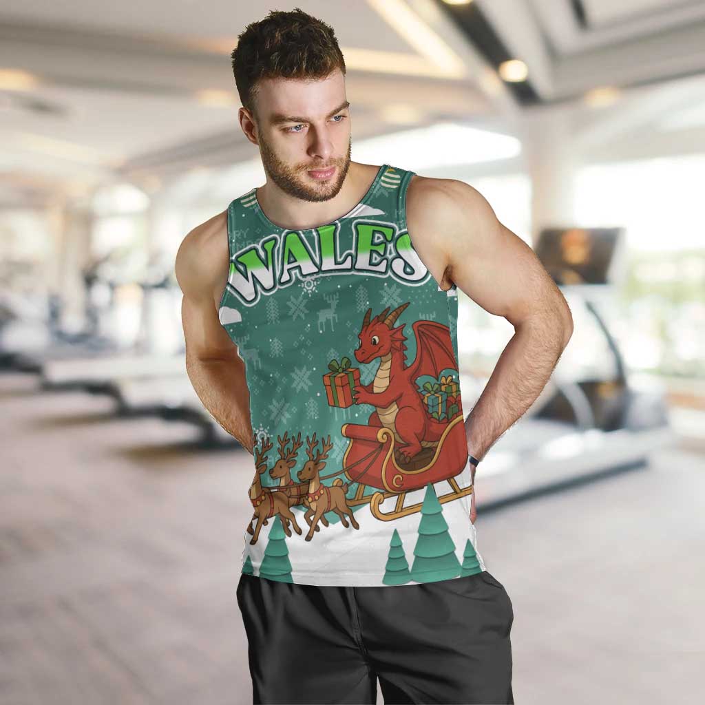 Wales Christmas Men Tank Top with Red Dragon Santa Sleigh and Festive Green Snowflake - Wonder Print Shop