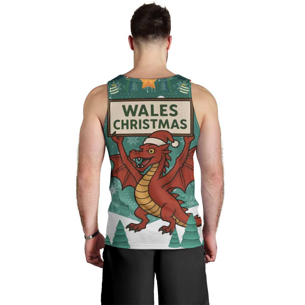 Wales Christmas Men Tank Top with Red Dragon Santa Sleigh and Festive Green Snowflake - Wonder Print Shop