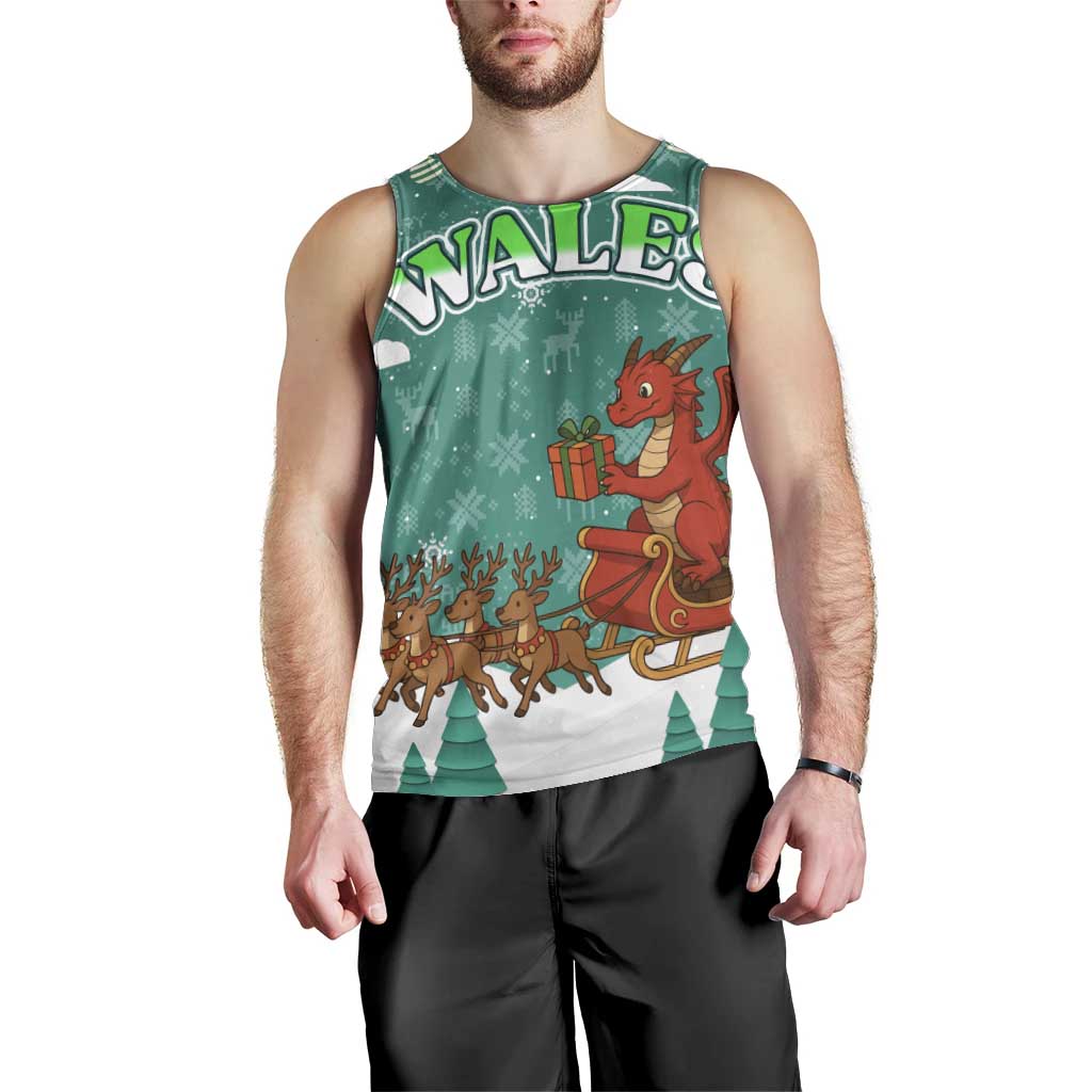 Wales Christmas Men Tank Top with Red Dragon Santa Sleigh and Festive Green Snowflake - Wonder Print Shop