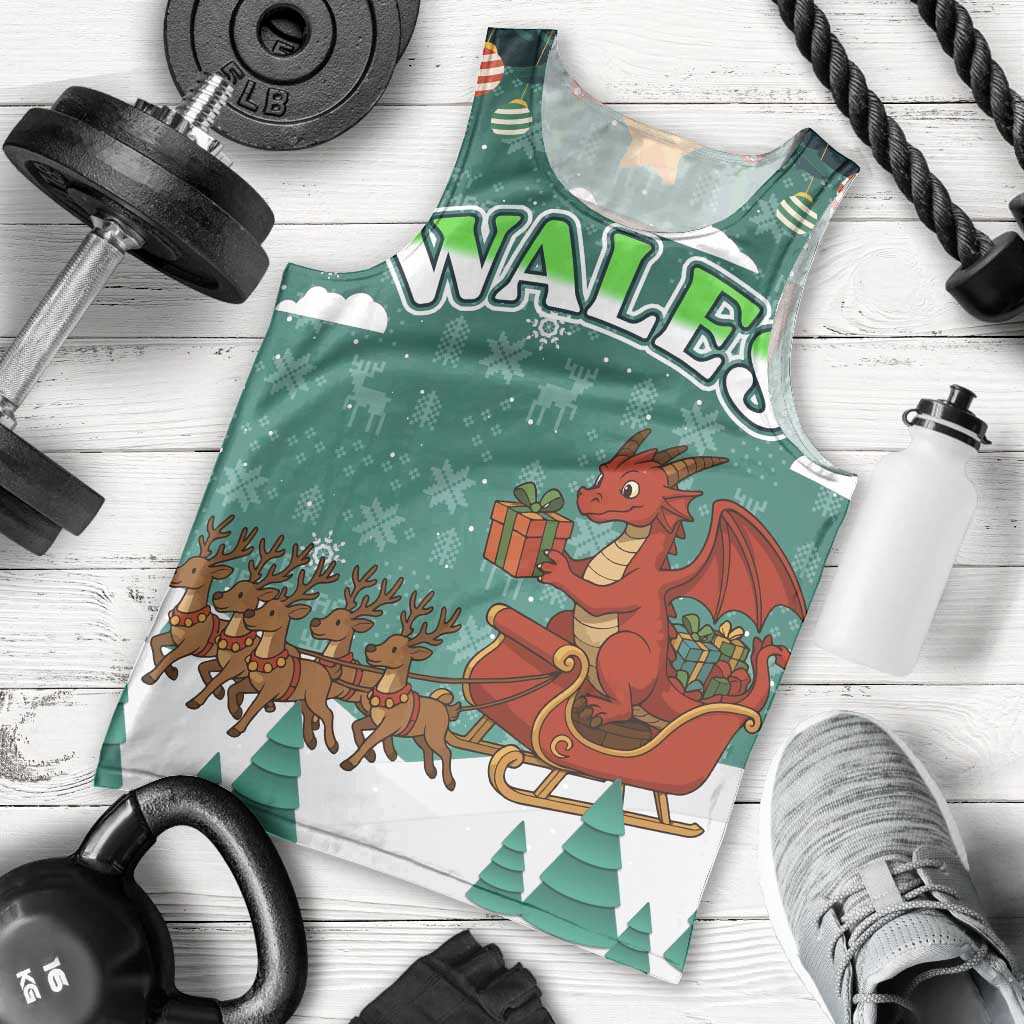 Wales Christmas Men Tank Top with Red Dragon Santa Sleigh and Festive Green Snowflake - Wonder Print Shop