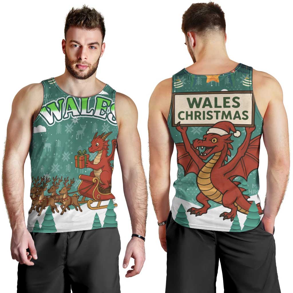Wales Christmas Men Tank Top with Red Dragon Santa Sleigh and Festive Green Snowflake - Wonder Print Shop