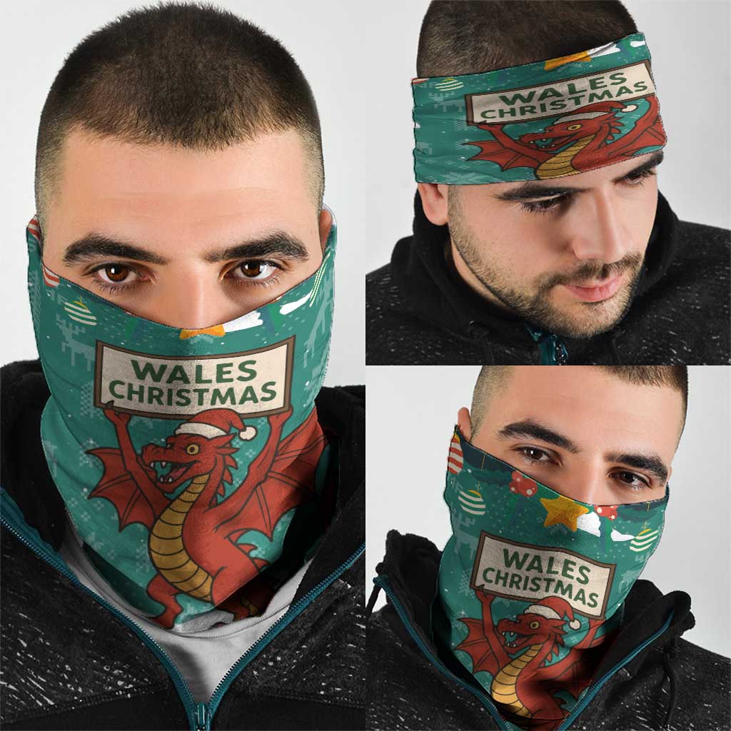 Wales Christmas Neck Gaiter with Red Dragon Santa Sleigh and Festive Green Snowflake - Wonder Print Shop