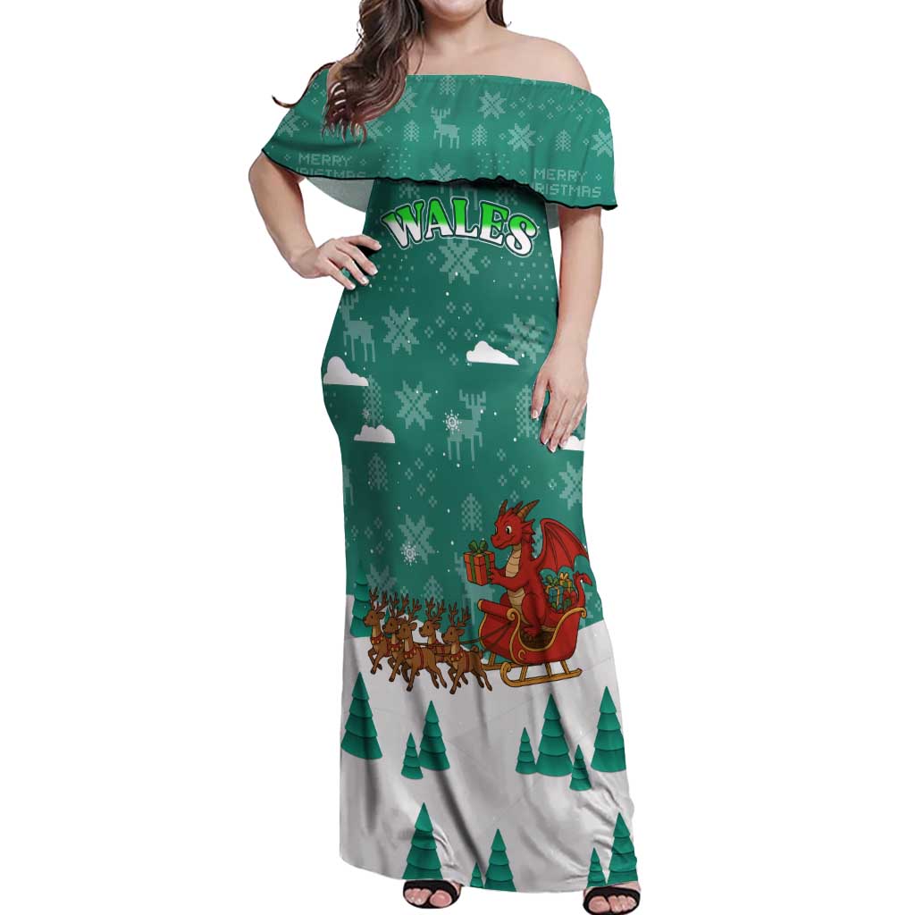 Wales Christmas Off Shoulder Maxi Dress with Red Dragon Santa Sleigh and Festive Green Snowflake - Wonder Print Shop