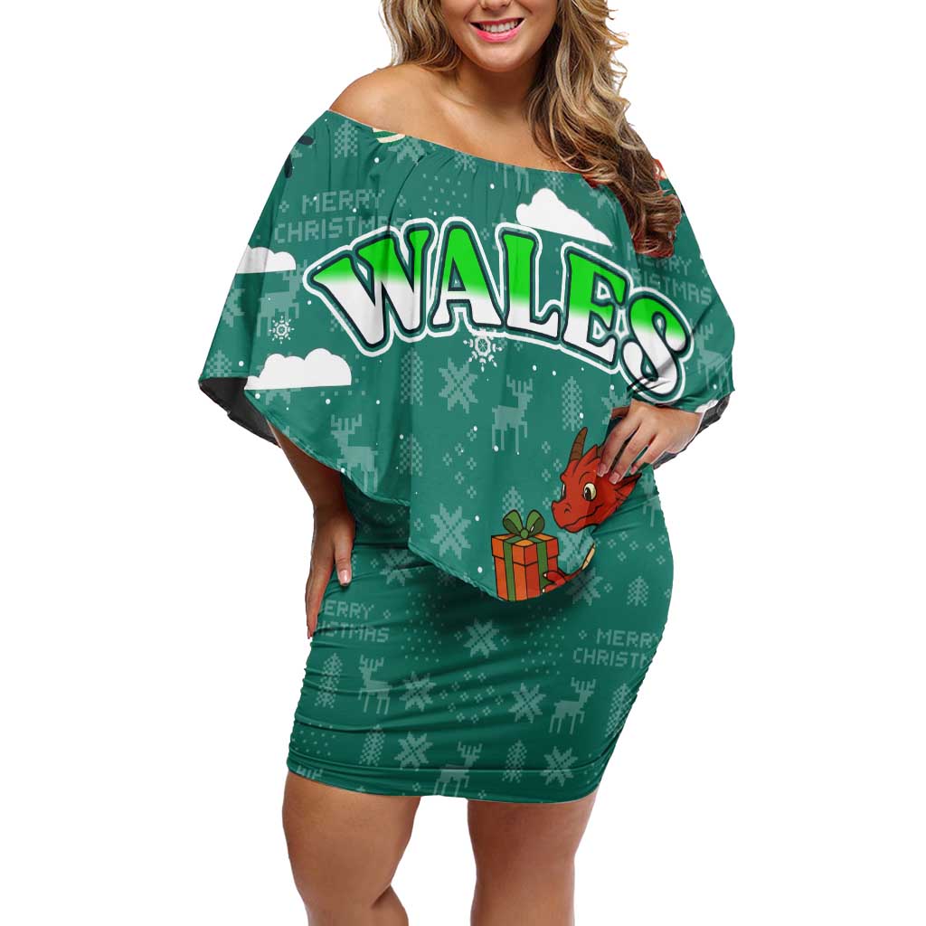 Wales Christmas Off Shoulder Short Dress with Red Dragon Santa Sleigh and Festive Green Snowflake - Wonder Print Shop