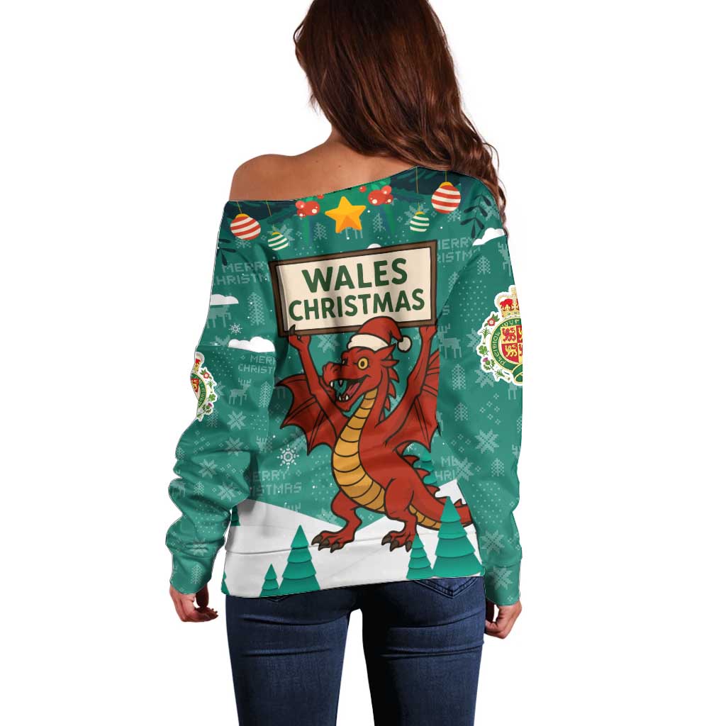 Wales Christmas Off Shoulder Sweater with Red Dragon Santa Sleigh and Festive Green Snowflake - Wonder Print Shop