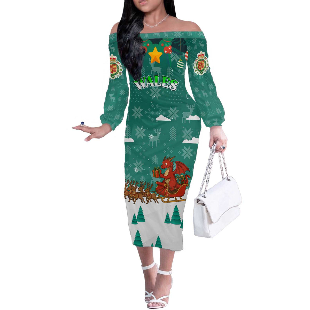 Wales Christmas Off The Shoulder Long Sleeve Dress with Red Dragon Santa Sleigh and Festive Green Snowflake - Wonder Print Shop
