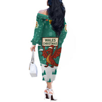 Wales Christmas Off The Shoulder Long Sleeve Dress with Red Dragon Santa Sleigh and Festive Green Snowflake - Wonder Print Shop