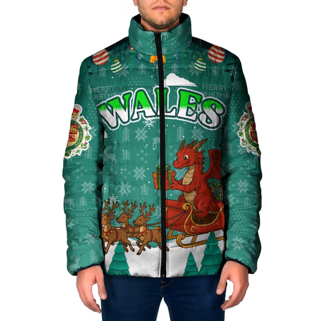 Wales Christmas Padded Jacket with Red Dragon Santa Sleigh and Festive Green Snowflake - Wonder Print Shop