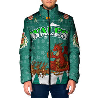Wales Christmas Padded Jacket with Red Dragon Santa Sleigh and Festive Green Snowflake - Wonder Print Shop