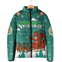 Wales Christmas Padded Jacket with Red Dragon Santa Sleigh and Festive Green Snowflake - Wonder Print Shop