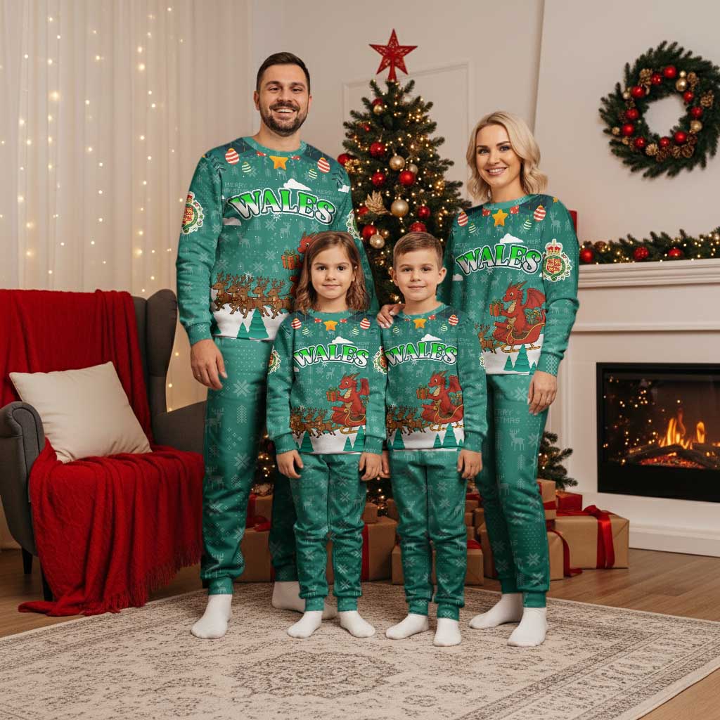 Wales Christmas Pajama Set with Red Dragon Santa Sleigh and Festive Green Snowflake - Wonder Print Shop