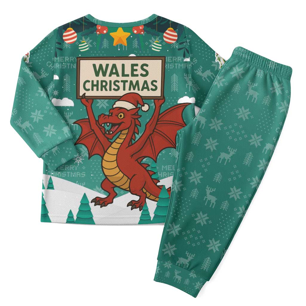 Wales Christmas Pajama Set with Red Dragon Santa Sleigh and Festive Green Snowflake - Wonder Print Shop