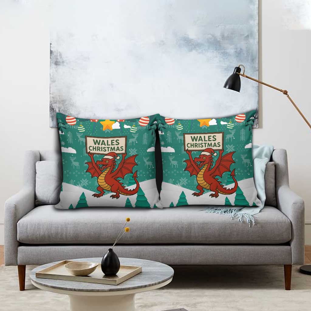 Wales Christmas Pillow Cover with Red Dragon Santa Sleigh and Festive Green Snowflake - Wonder Print Shop