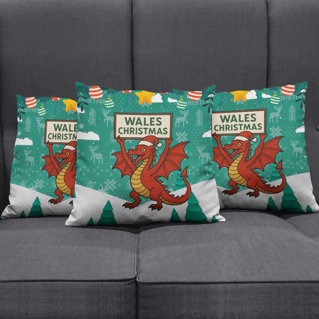 Wales Christmas Pillow Cover with Red Dragon Santa Sleigh and Festive Green Snowflake - Wonder Print Shop