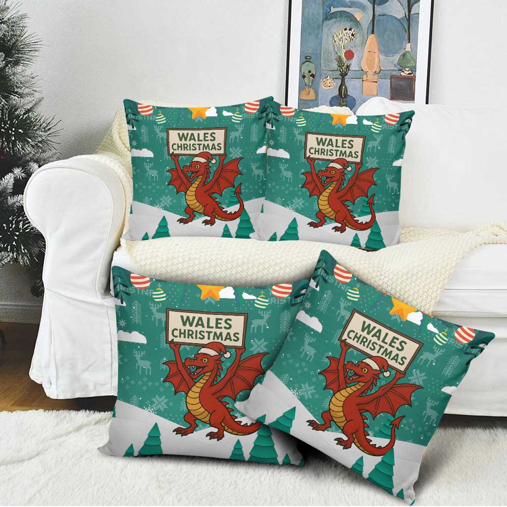 Wales Christmas Pillow Cover with Red Dragon Santa Sleigh and Festive Green Snowflake - Wonder Print Shop