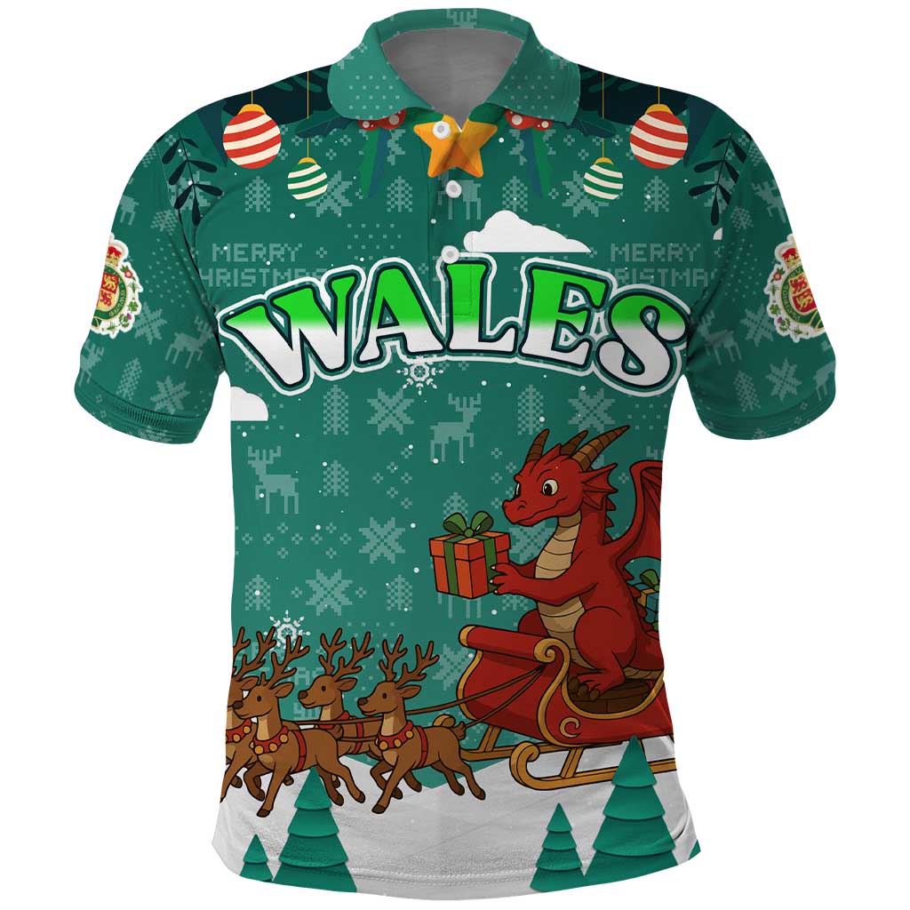 Wales Christmas Polo Shirt with Red Dragon Santa Sleigh and Festive Green Snowflake - Wonder Print Shop