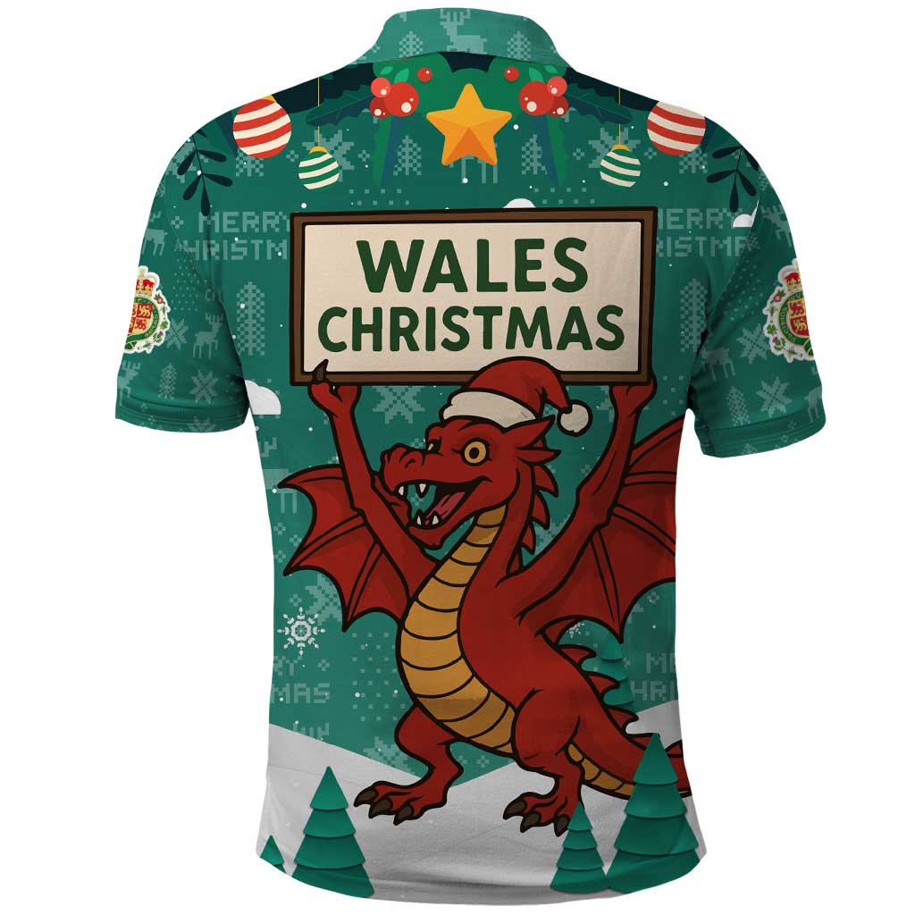 Wales Christmas Polo Shirt with Red Dragon Santa Sleigh and Festive Green Snowflake - Wonder Print Shop