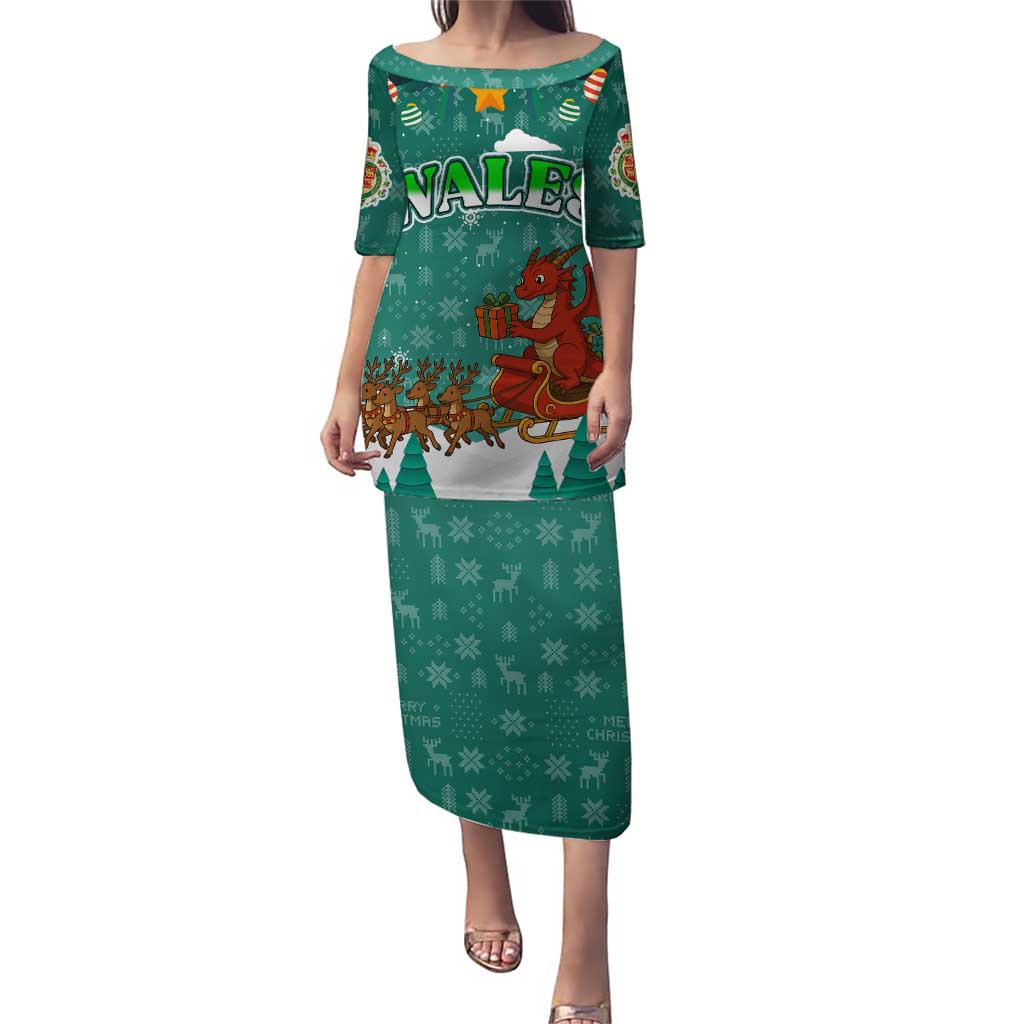 Wales Christmas Puletasi with Red Dragon Santa Sleigh and Festive Green Snowflake - Wonder Print Shop