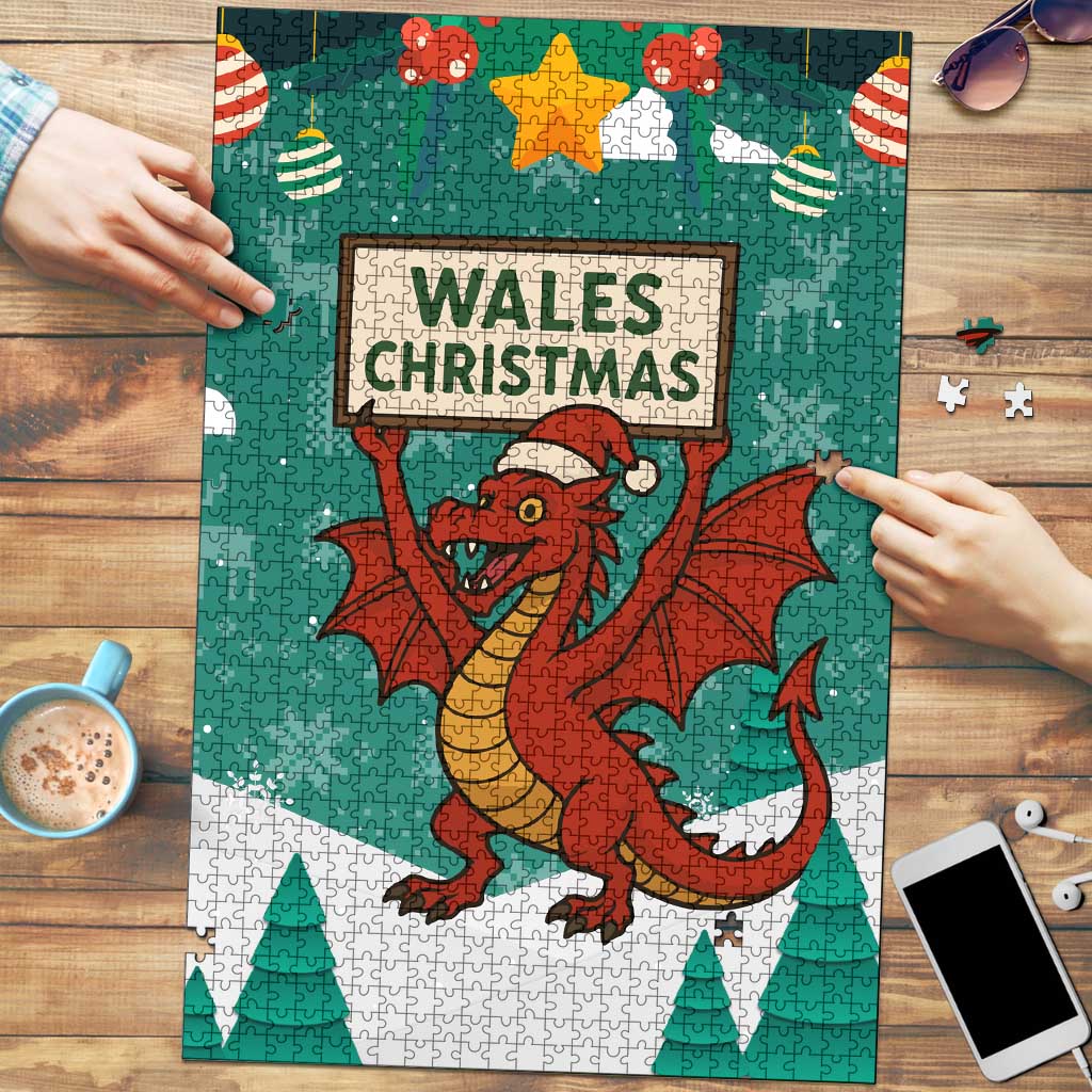 Wales Christmas Puzzle with Red Dragon Santa Sleigh and Festive Green Snowflake - Wonder Print Shop