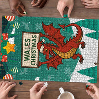 Wales Christmas Puzzle with Red Dragon Santa Sleigh and Festive Green Snowflake - Wonder Print Shop