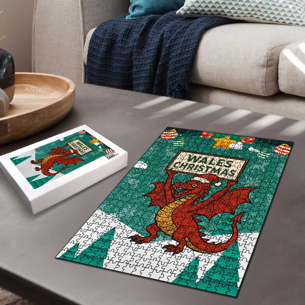 Wales Christmas Puzzle with Red Dragon Santa Sleigh and Festive Green Snowflake - Wonder Print Shop