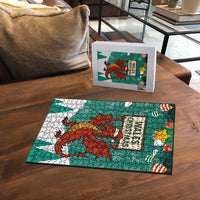 Wales Christmas Puzzle with Red Dragon Santa Sleigh and Festive Green Snowflake - Wonder Print Shop