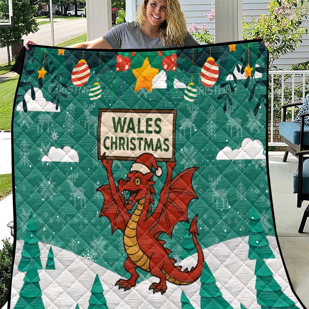 Wales Christmas Quilt with Red Dragon Santa Sleigh and Festive Green Snowflake - Wonder Print Shop