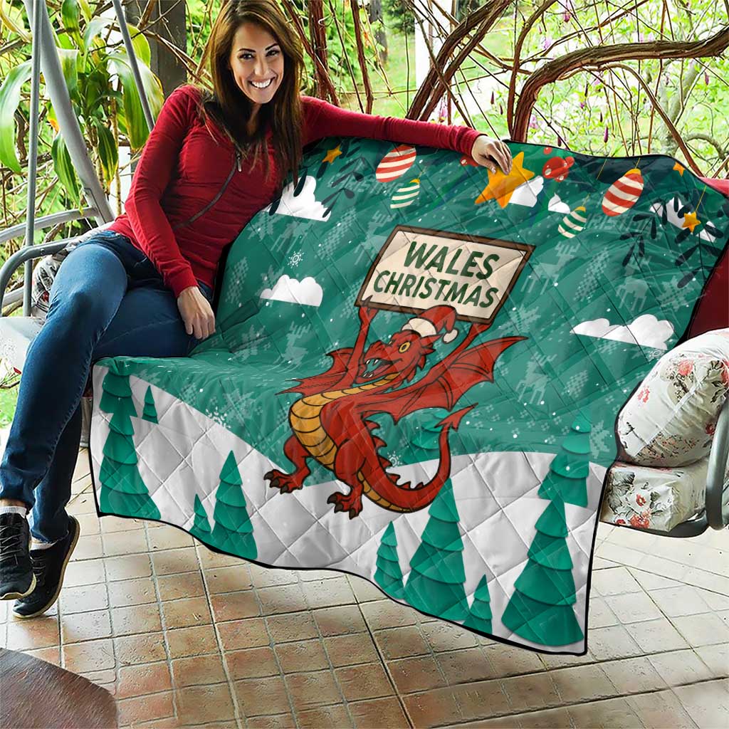 Wales Christmas Quilt with Red Dragon Santa Sleigh and Festive Green Snowflake - Wonder Print Shop